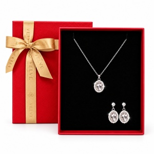 Set bijuterii dama Feeling din inox cu colier si cercei, pandantiv oval cu cristale, in cutie eleganta