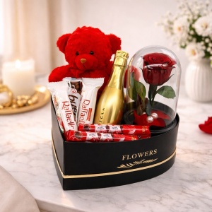 Set cadou femei cu trandafir criogenat rosu, ursulet plus, Bottega Rose Gold 200ml si ciocolata premium