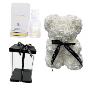 Set cadou femei, Ursulet floral din spuma 25 cm si Parfum Grandeur Elite, Perle Blanc 100 ml