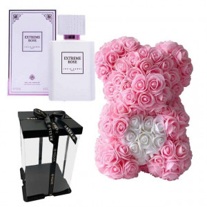 Set cadou femei, Ursulet floral roz cu inima alba din spuma 25 cm si Parfum Louis Varel Extreme Rose 100ml