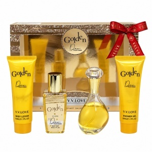 Set cadou femei V.V.LOVE Golden, apa de parfum 30 ml, body mist, gel de dus si lotiune de corp - Img 2