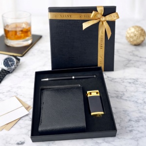 Set cadou pentru barbati, cu portofel din piele ecologica, pix elegant si bricheta, in cutie premium