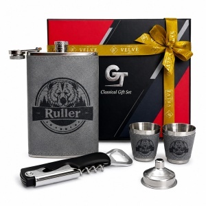 Set cadou pentru barbati Ruler cu plosca, 2 pahare, palnie si tirbuson, in cutie eleganta