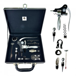 Set cadou pentru barbati VLV, cutie din piele ecologica si 9 accesorii pentru vin, Negru