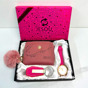 Set cadou pentru femei JESOU COLLECTION, cutie cu trei articole practice, ceas dama, portofel si breloc 20x15cm, Roz fucsia