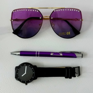 Set cadou pentru femei MATTEO FERARI, cutie cu trei articole practice, ceas dama, ochelari de soare si pix 20.5x15cm, Violet/Negru