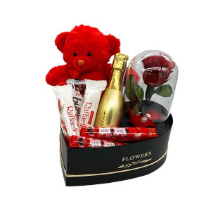 Set, cadou pentru femei, trandafir criogenat, ursulet de plus, Bottega- Rose Gold 0.2L, kinder Bueno 43gr, Mon Cherry 105gr si Raffaello 80gr, rosu