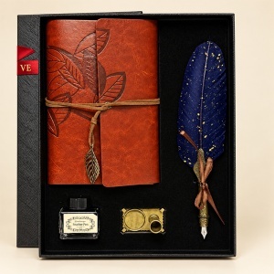 Set caligrafie Vintage Spark cu jurnal maro, toc cu pana bleumarin, calimara si suport, in cutie cadou - Img 5