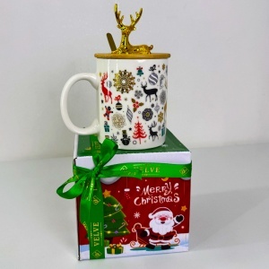 Set cana ceramica cu capac si lingurita, Ren Auriu, ambalata in cutie cadou, 250 ml - Img 3