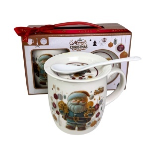 Set cana ceramica, farfurie si lingurita, cu Mos Craciun, ambalata in cutie cadou cu toarta, 200 ml