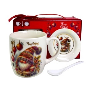 Set cana ceramica, farfurie si lingurita, cu Spiridus, ambalata in cutie cadou cu toarta, 200 ml