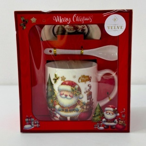 Set cana ceramica, farfurie si lingurita, Merry Christmas Santa, ambalata in cutie cu fereastra, 200ml - Img 2