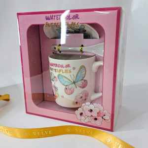 Set cana din ceramica pentru ceai, Energy Mug, 300ml, cu lingurita si farfurie din ceramica, imprimata floral, in cutie eleganta, WaterColor Butterflies Blue 1