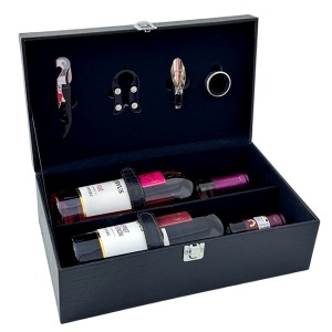 Set caseta eleganta LUX Wine pentru doua sticle, cu maner, doua sticle de vin Cervus 750 ml si set 4 accesorii pentru vin, Negru