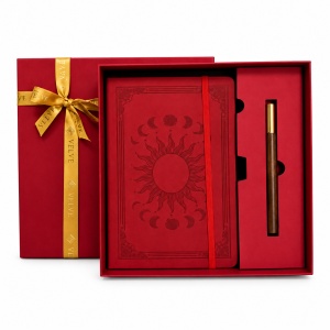 Set Celestial cu agenda vintage din piele ecologica si pix, design Soare si fazele Lunii, in cutie eleganta - Img 6