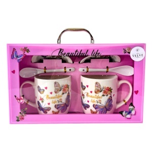 Set ceramic, Beautiful Life, doua cani imprimate, doua lingurite ceramice si farfurii in ton, Roz-Mov