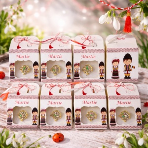 Set cu opt martisoare, SpRing PIN, buchet floral cu cristale artizanale si motive traditionale