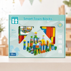 Set cuburi educative din lemn Smart Town Blocks, 100 piese, pentru construit oras, Multicolor, 36 luni+ - Img 3