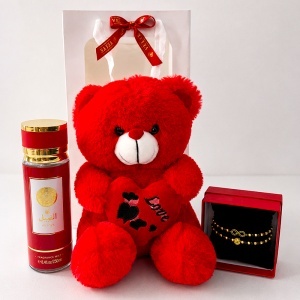 Set dama Teddy Box cu ursulet rosu cu inima de plus, spray de corp arabesc VV LOVE si set de bratari in cutie rosie - Img 5