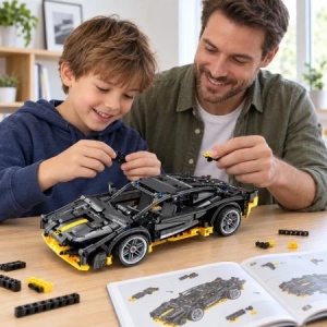 Set de constructie Supercar negru, 589 piese, mecanism pull-back, scara 1:18, 6 ani+ - Img 3