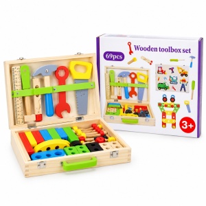 Set de scule din lemn pentru copii, 69 piese, cutie portabila, accesorii de constructie, 3ani+ - Img 2