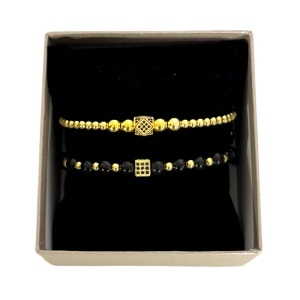 Set Diamond, doua bratari unisex, cu bile din inox si cristale de zirconiu, Negru-Auriu - Img 3