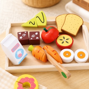 Set din lemn pentru copii, cu alimente si accesorii pentru feliat, 11 piese, Multicolor, 3 ani+ - Img 2