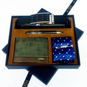 Set elegant pentru barbati Grand Touch, caseta cu portofel, pix metalic asortat, curea din piele ecologica si cravata eleganta, Multicolor
