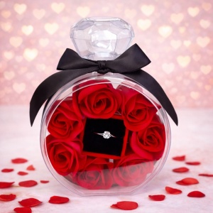 Set floral My Only Rose, ambalaj decorativ tip sticla parfum, cu Trandafiri de sapun si Inel din inox cu zirconiu, in cutie eleganta cu mesaj - Img 2