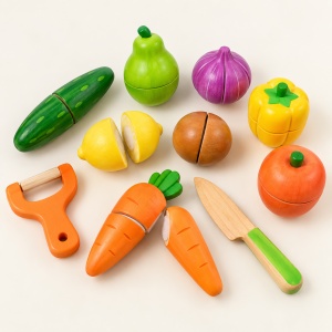 Set fructe si legume de taiat din lemn pentru copii, 12 piese, cutit si curatator, multicolor, 3+ ani - Img 4