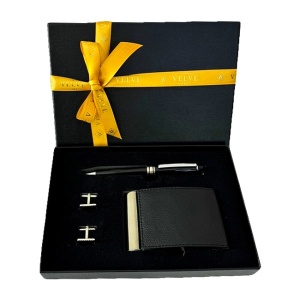 Set cadou pentru barbati VLV, 3 piese port card, butoni si pix, Negru