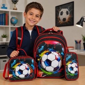 Set ghiozdan baieti pentru scoala 3 piese cu minge de fotbal, 42 x 33 cm - Img 2