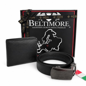Set pentru barbati Beltimore, portofel compact și curea cu catarama automata, din piele naturala, in cutie eleganta, Negru