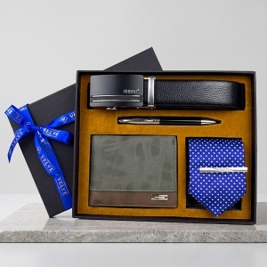 Set pentru barbati JESOU COLLECTION, cutie premium cu portofel, curea, cravata cu ac si pix elegant, Negru - Albastru - Img 3