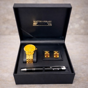 Set pentru barbati trei piese, Matteo Ferari, cutie eleganta cu ceas, butoni si pix metalic, Negru-Auriu - Img 3