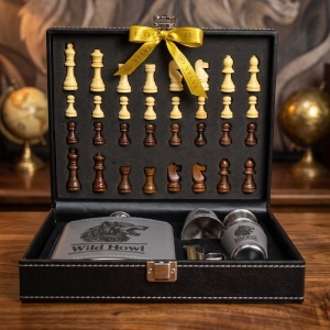 Set pentru barbati Wild Howl, servieta cu tabla si piese de sah, plosca, 2 pahare si bricheta cu laser - Img 3