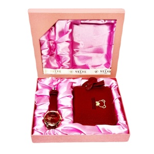 Set pentru femei Jesou Collection, cutie cu doua articole practice, ceas dama si portofel, Rosu inchis