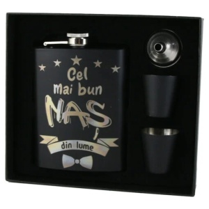 Set plosca personalizata „Cel mai bun Nas din lume”, palnie si doua pahare, Negru