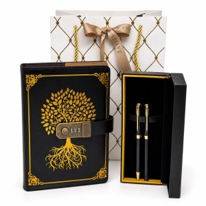 Set premium cu agenda Copacul Vietii din piele ecologica cu cifru numeric si set doua instrumente de scris cu caseta