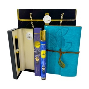 Set premium Prestige Blue unisex, cu jurnal, pix si parfum Haya 35 ml, in cutie eleganta tip geanta