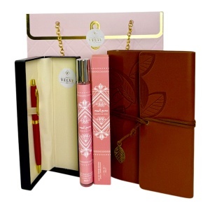 Set premium Prestige Pink pentru femei, cu jurnal, pix si parfum Badee Al Oud 35 ml, in cutie eleganta tip geanta
