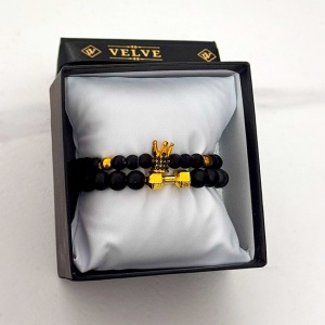 Set Royal pentru barbati, doua bratari cu pietre semipretioase si cristale zirconiu, ambalate in cutie neagra cu pernuta, Negru/Gold - Img 3