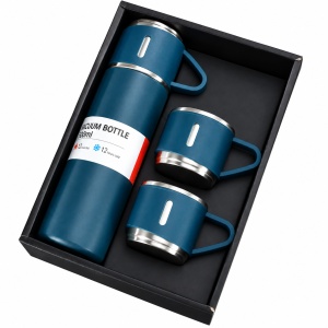Set termos inox 500 ml cu 3 cani, pereti dubli, mentinere temperatura pana la 12 ore, albastru - Img 2