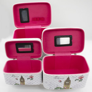 Set trei cutii elegante pentru accesorii si machiaj cu oglinda, din piele naturala, London style, in forma de gentuta1