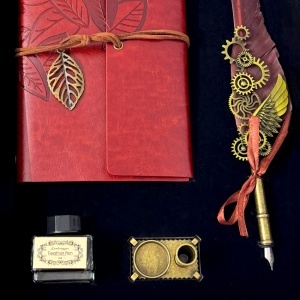Set Vintage Spark, cu agenda/jurnal, stilou cu pana, calimara cu cerneala si suport pentru stilou, Maro-Caramiziu - Img 4
