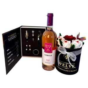 Set VLV, unisex, cutie eleganta cu 5 accesorii pentru sticla cu vin, aranjament floral Red Sparkle si Vin rose Cervus 750 ml - Img 2