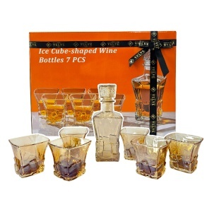 Set whisky Amber Cube cu decantor si 6 pahare fumurii, design modern, in cutie eleganta - Img 2