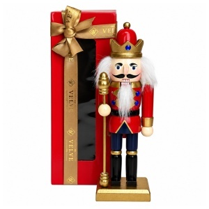 Spargator de nuci decorativ de Craciun, soldatel cu coroana si sceptru, 20 cm, Rosu-Auriu, in cutie cadou