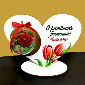 Suport ornamental tip tablou Picture March, in forma de inima, cu aranjament floral din trandafir criogenat si licheni stabilizati in glob de sticla, Alb1