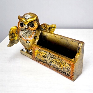 Suport pentru birou, vintage, din rășină, cu bufniță și motive florale, 16x5x10 cm - Img 2